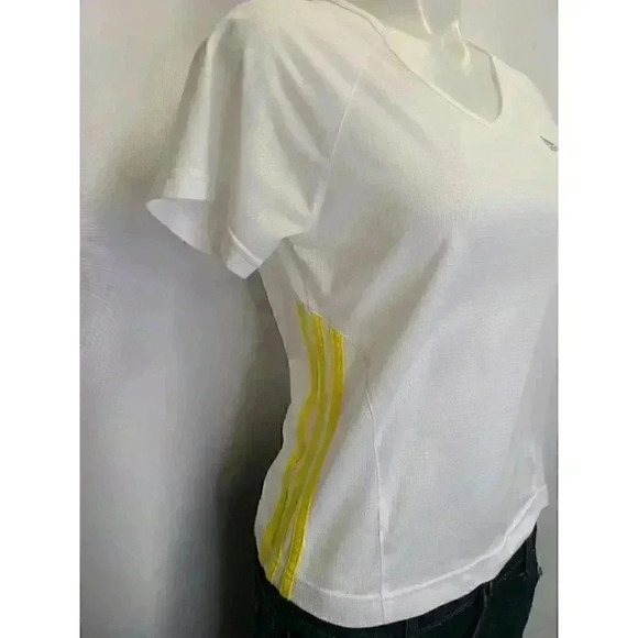 Adidas Climalite White Tee Top Yellow Three Stripe Logo Activewear Medium - Picture 3 of 14